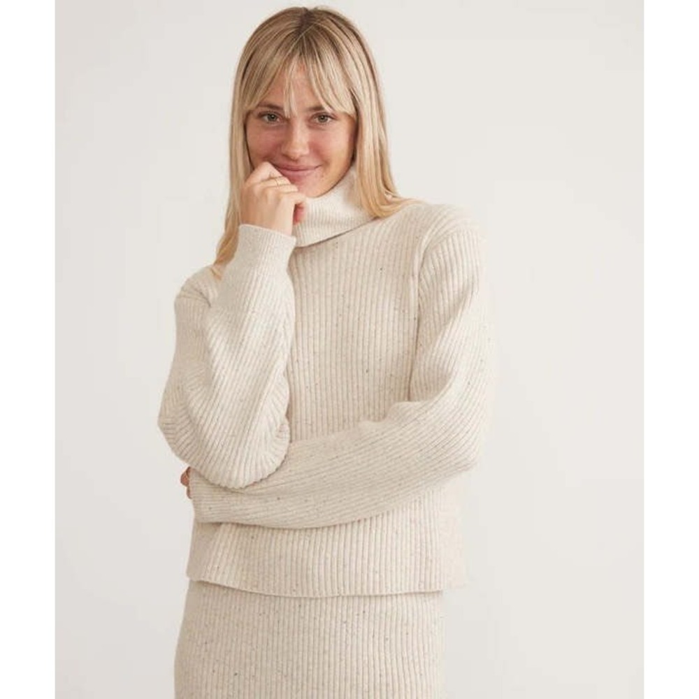 Marine Layer Womens Isla Knit Turtleneck Sweater S Cream Ribbed Donegal Speckle
